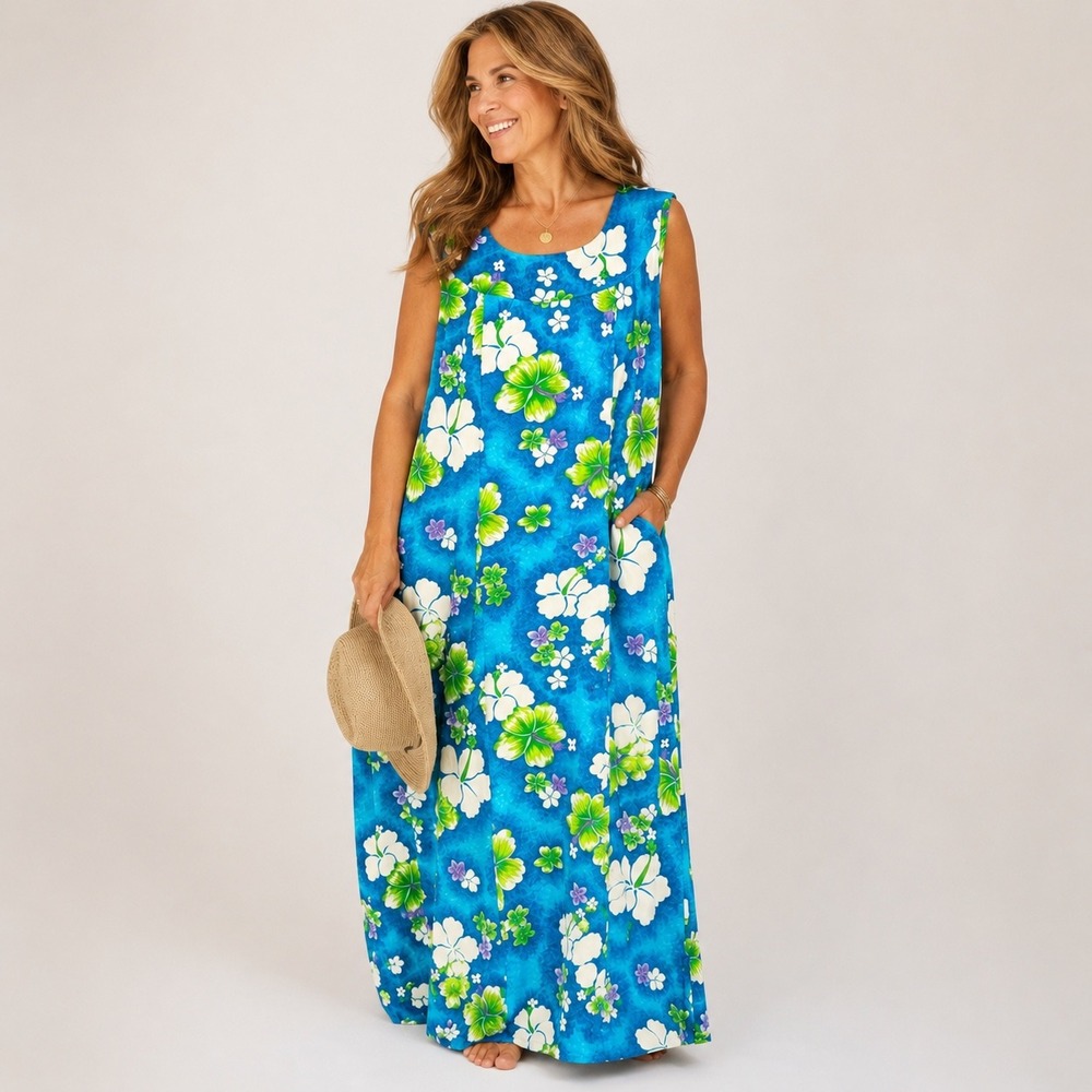 Pomaré Hawaii Maxi Dress L Vintage 1960s Blue Green Hibiscus Barkcloth Muumuu